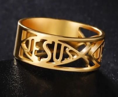 Кольцо Рыбка-Jesus по периметру, материал сталь, 18 размер, цвет "золото"