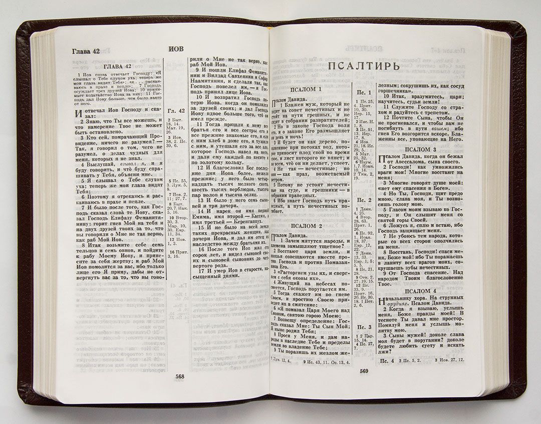 Библия 055  кожаный переплет, бордо, средний формат, 145*220 мм,парал. места по центру страницы, золотой обрез, хороший крупны шрифт)