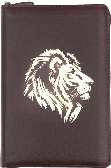 Библия 053zti код A4 дизайн "золотой лев", кожаный переплет на молнии с индексами, цвет коричневый пятнистый, формат 140*202 мм